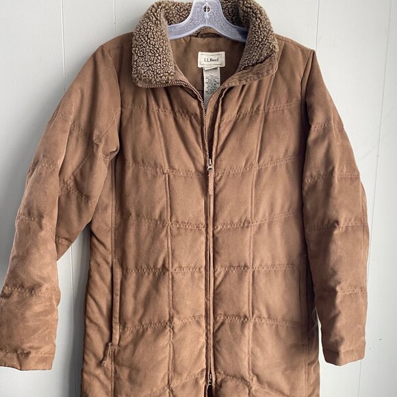LL Bean Jacket Womens Medium Brown Goose Down Puffer Suede Sherpa Reg Long - Picture 1 of 6